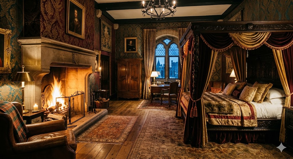 irish castle cozy, high-end castle suite featuring silk-lined walls, a crackling fireplace, and an antique four-poster bed.
