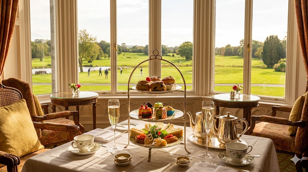 irish castles Dromoland elegant High Tea spread in a sun-drenched drawing room overlooking Dromoland’s championship golf course.