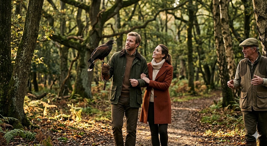 irish castles ashford castle couple walking through ancient woodlands with a hawk perched on a gloved hand during a private Falconry lesson.