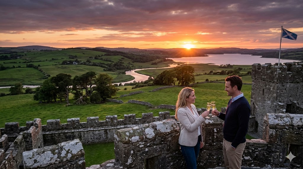 irish castles couple sharing a private toast on a castle rampart as the sun sets over the Irish hills.