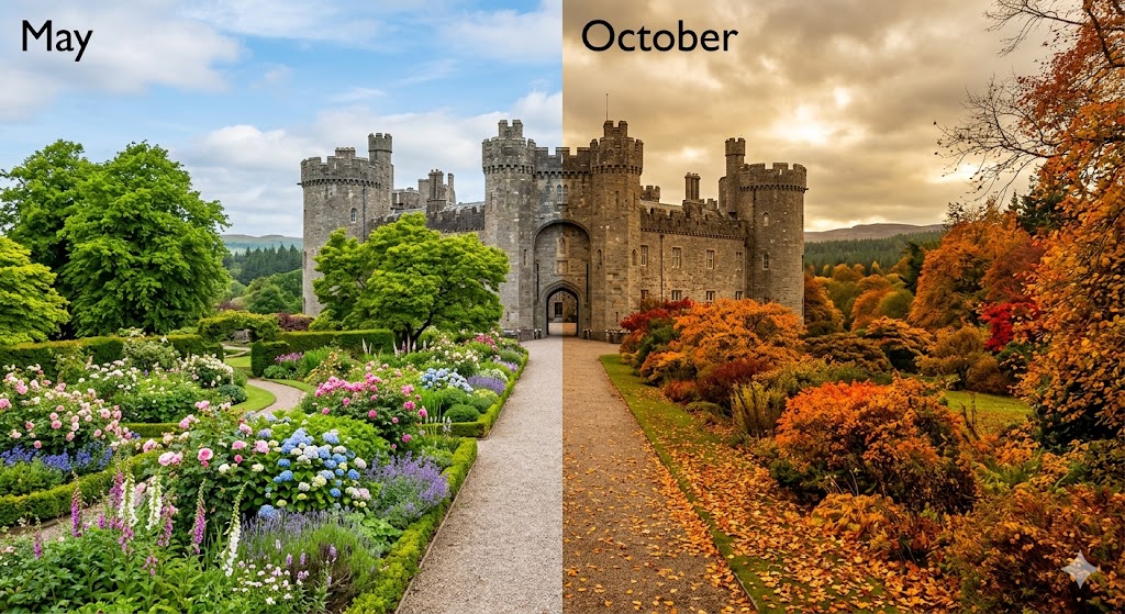 irish castles split-image showing a vibrant green castle garden in May and a moody, golden-hued castle landscape in October.