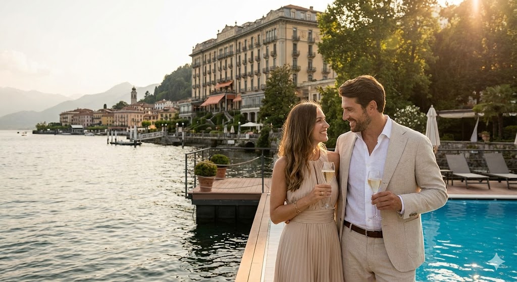 Italy Lake Como couple at Grand Hotel Tremezzo