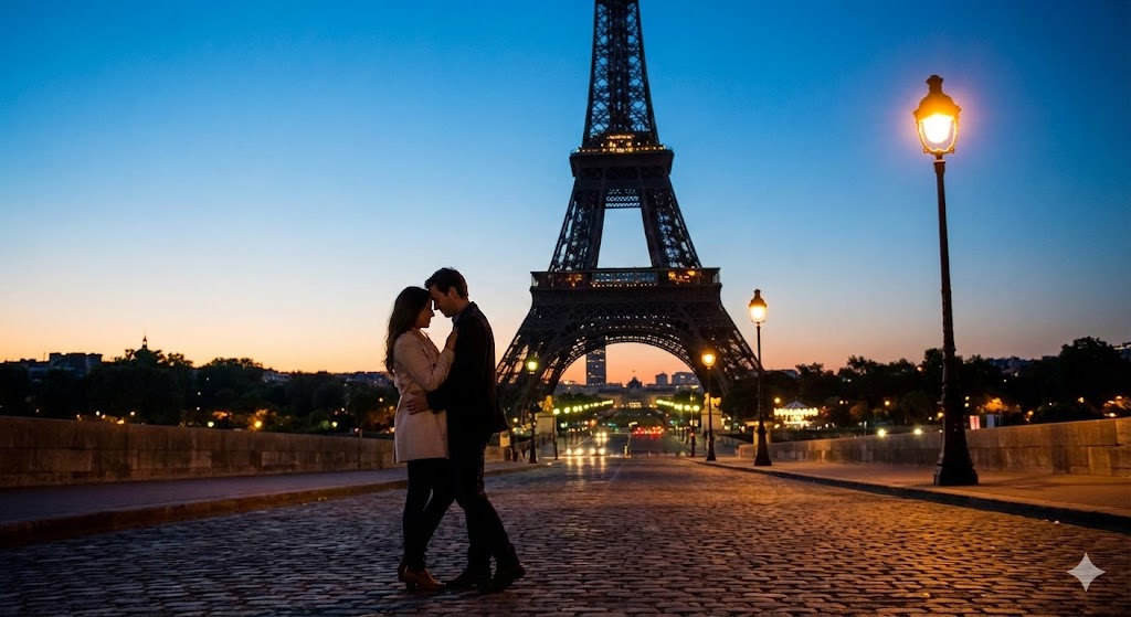france, paris couple by Eiffel tower