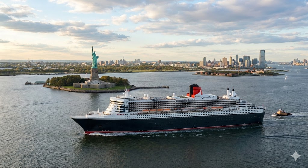 cunard ship in front of the statue of liberty
