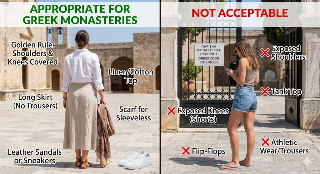 greece what is acceptable at monestary for her
