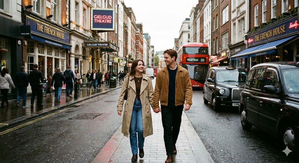 england london couple walking down the street in soho