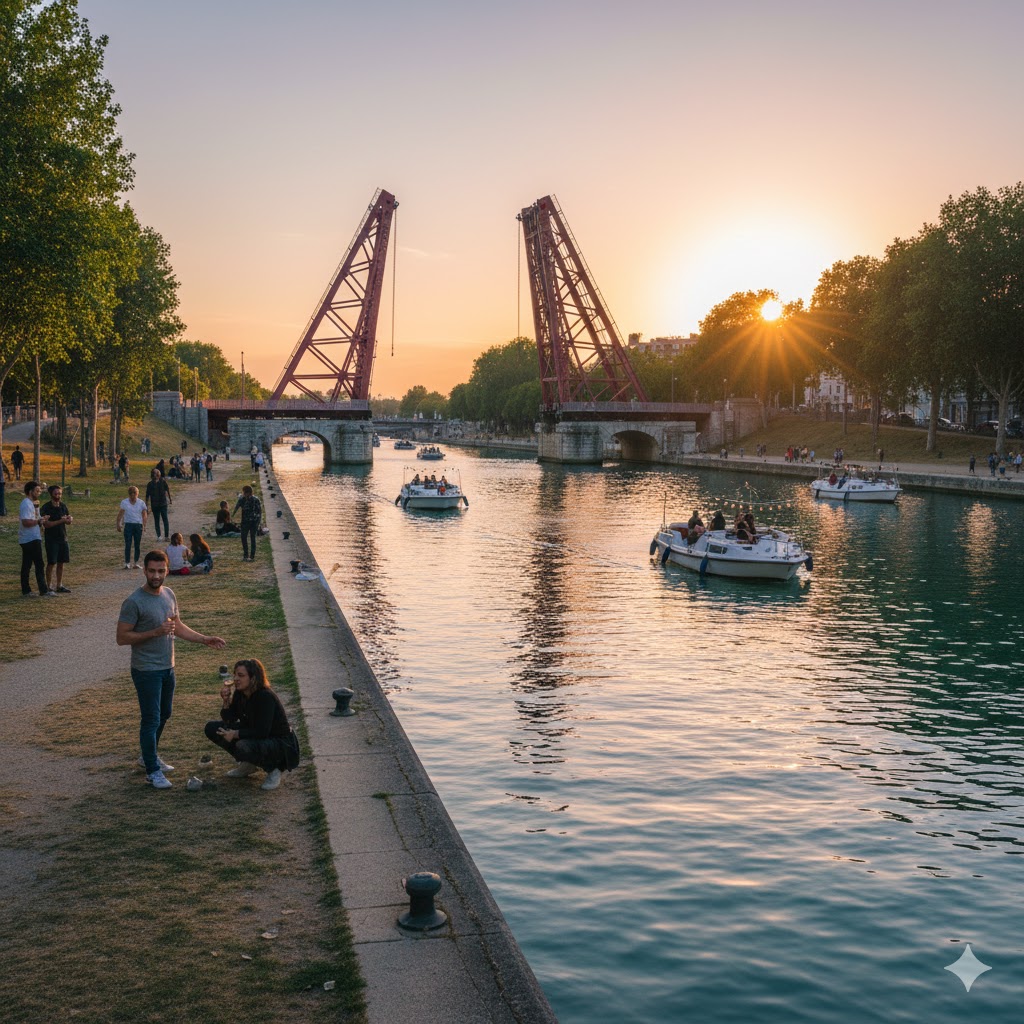 france, paris bassin de la villette at sunset