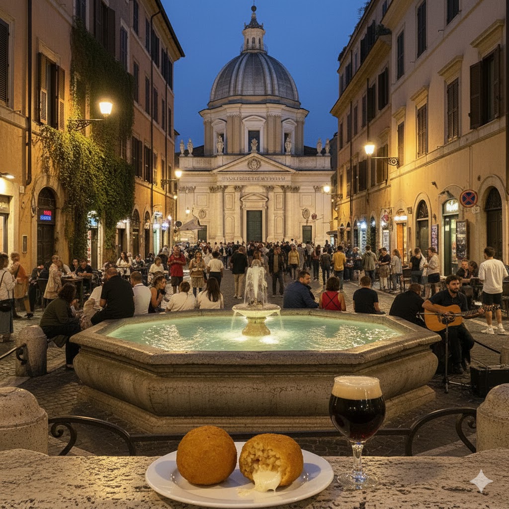italy, rome trastevere piazza with suppli