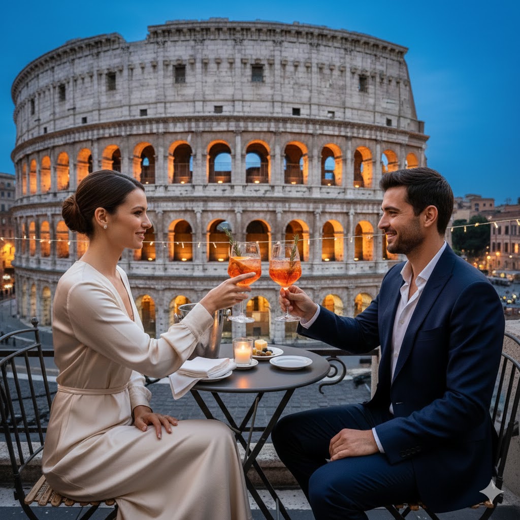 italy room couple enjoying drinks by the coloseum
