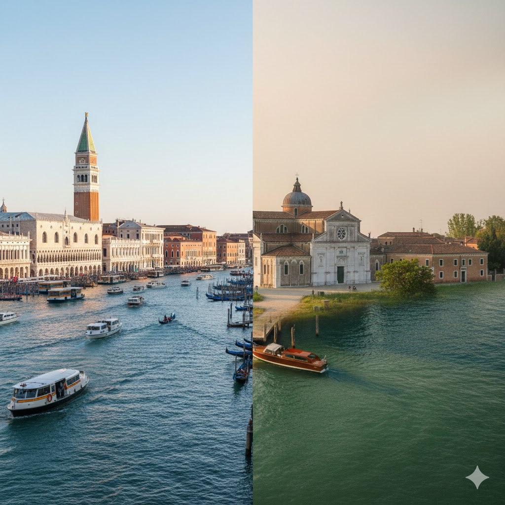 itlay venice contrast btw venice lagoons and quiet island