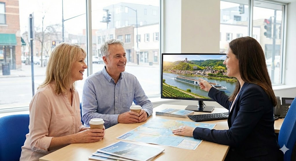 river cruise clients talking to advisor