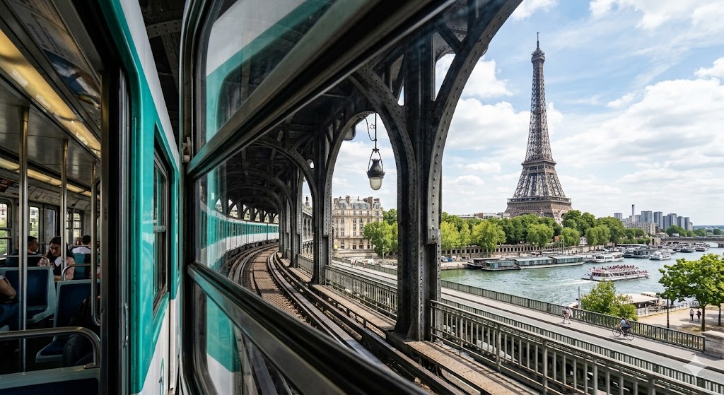 A view from Line 6 crossing the Bir-Hakeim bridge with a stunning view of the Eiffel Tower.
