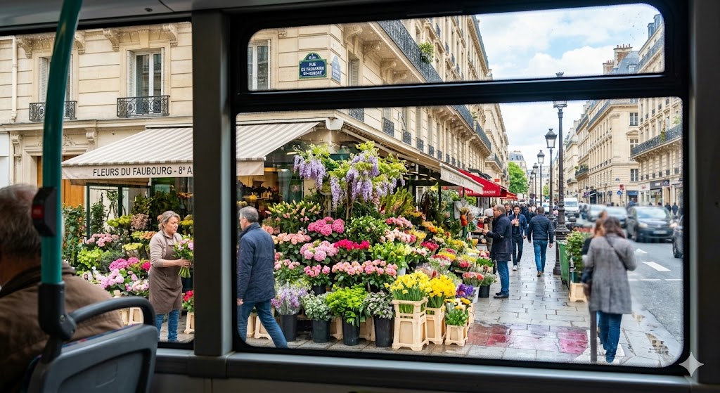 A view through a clean bus window capturing the blooming flower stalls of the 8th Arrondissement.