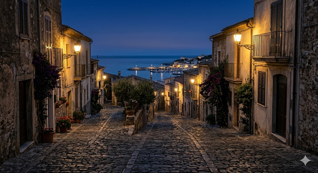 a quiet cobbleston street leading to the sea