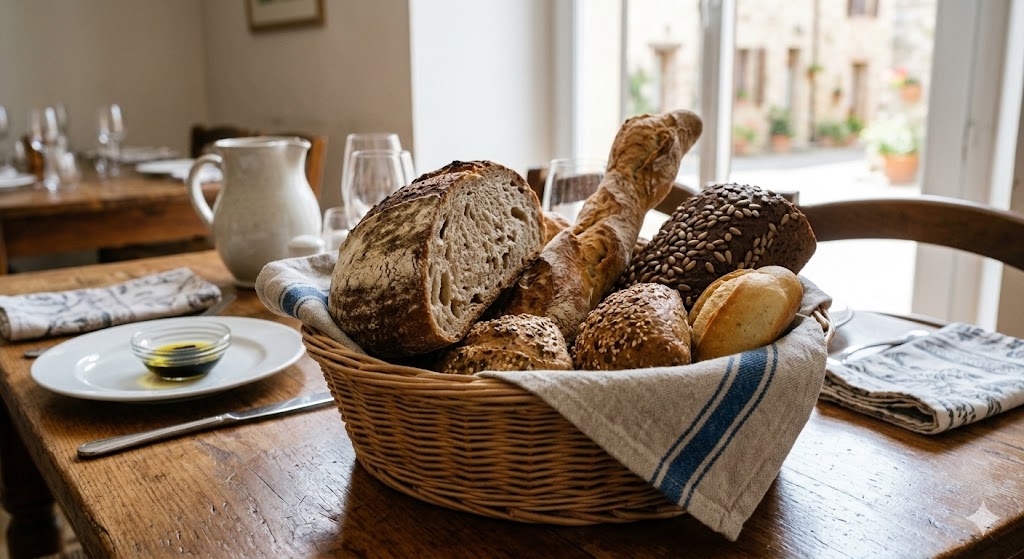 basket of artisanal bread on dinner table