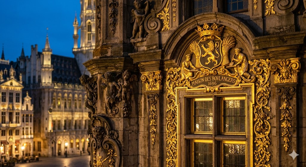 belgium A close-up of intricate gold leaf on a medieval guildhall facade in Brussels, shimmering under evening floodlights.