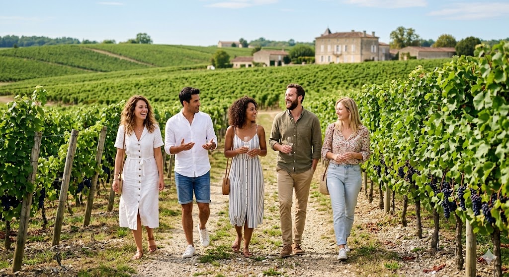 couples walking in vineyard in bordeaux