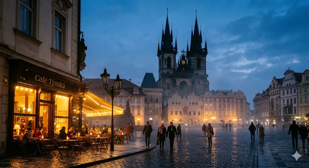 czech prague The twin black spires of Týn Church looming over a misty, cobblestoned square at twilight, with the warm glow of a nearby cafe.