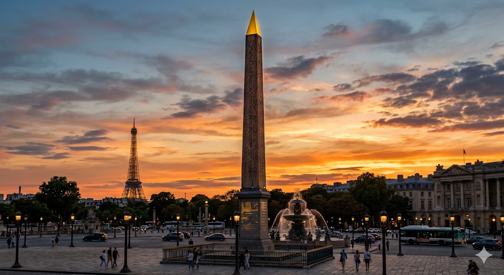 france paris The 3,300-year-old Luxor Obelisk standing tall against a sunset sky, with the Eiffel Tower visible in the distant background.