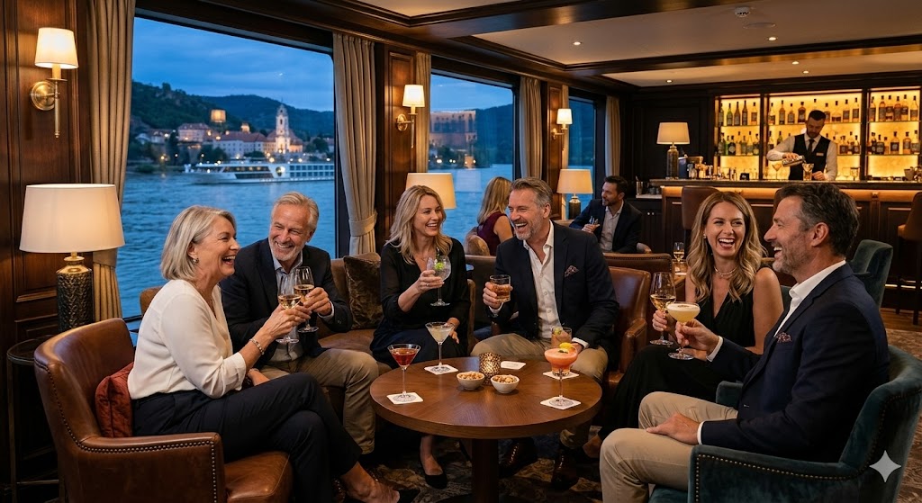 group of guest sharing drinks in lounge of river cruise