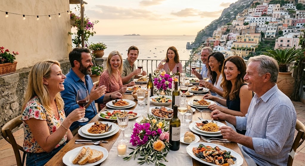 group of smiling traveler enjoy a meal on the on portofino coast