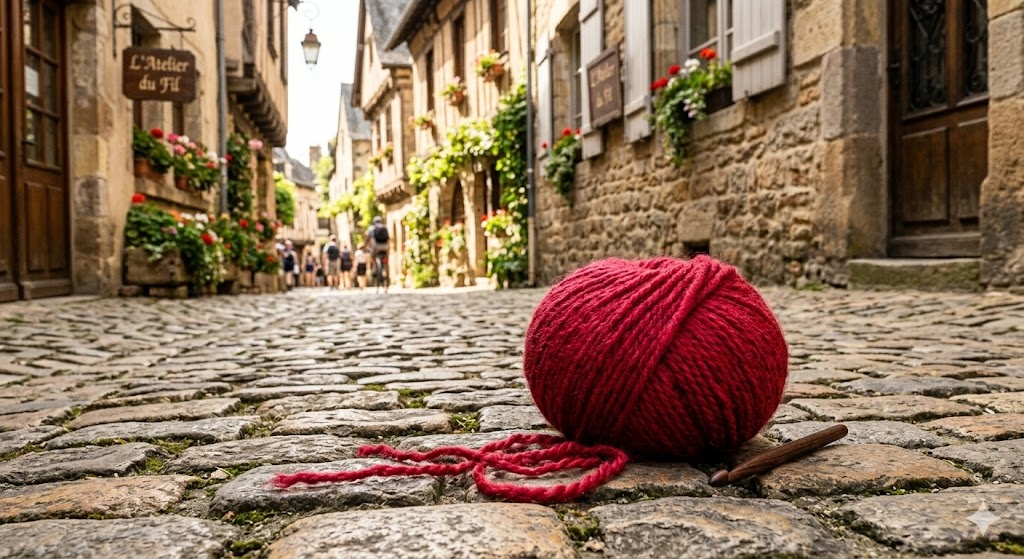 image of red yarn on cobblestone street