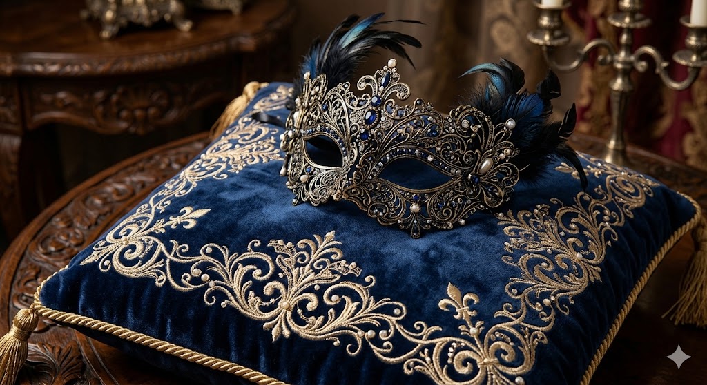 intricate Carnival mask resting on a midnight navy velvet pillow with delicate champagne gold embroidery.