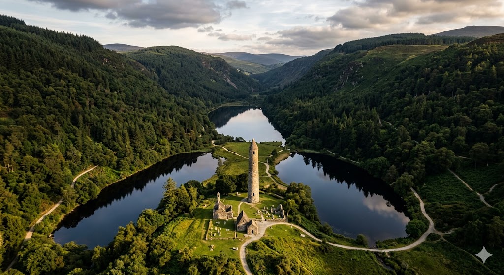 ireland A drone shot looking down a stunning, narrow valley showing the ancient Round Tower nestled between two dark, reflective lakes surrounded by forested hills