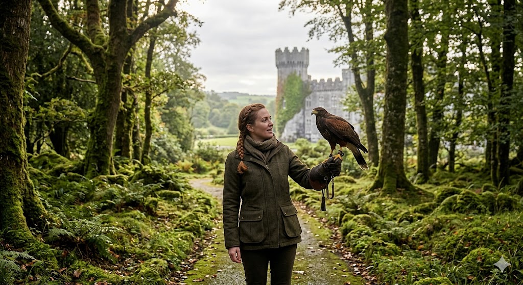 ireland A majestic shot of a traveler in a gloved hand holding a falcon in the ancient woodlands of Ashford Castle, with the castle turret visible in the distance