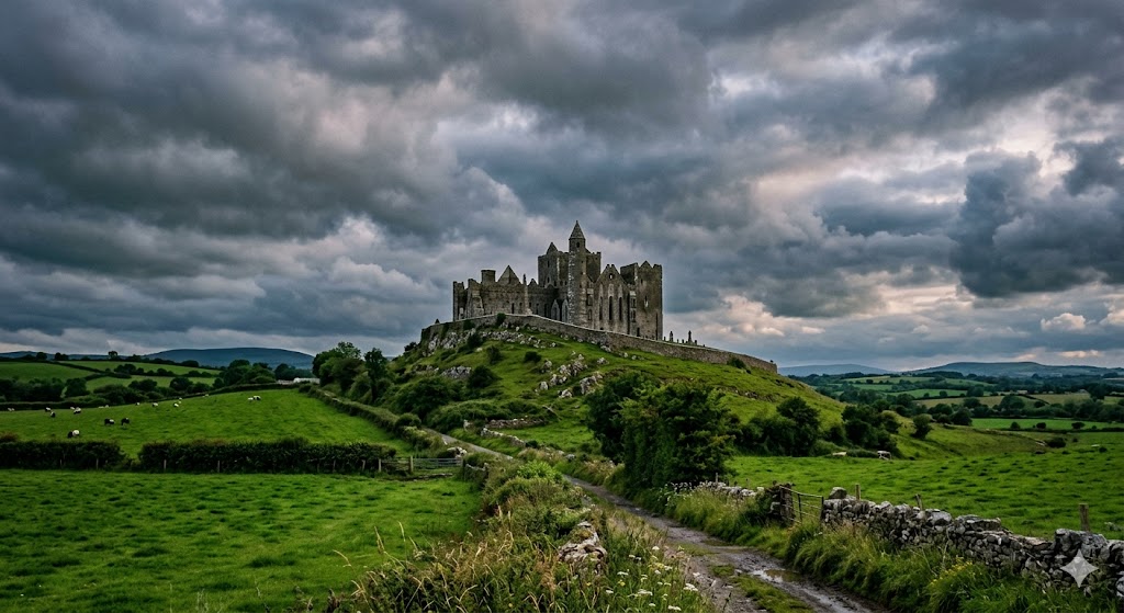ireland A perfectly composed shot of the medieval Rock of Cashel complex standing dramatically against a moody, cloud-filled Irish sky, taken from the Golden Vale below.