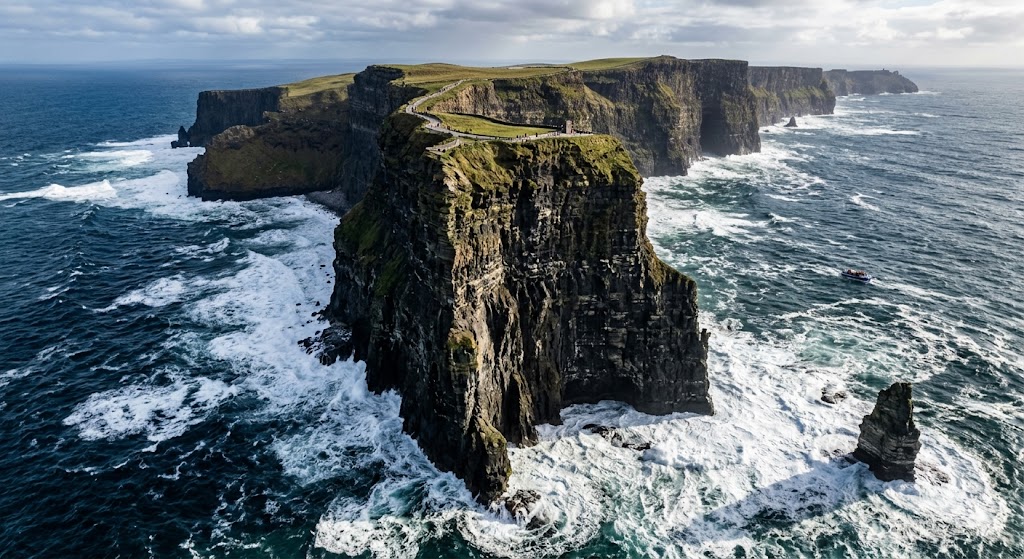 ireland An aerial shot looking down the massive, sheer face of the Cliffs of Moher as they drop 700 feet into the churning Atlantic Ocean