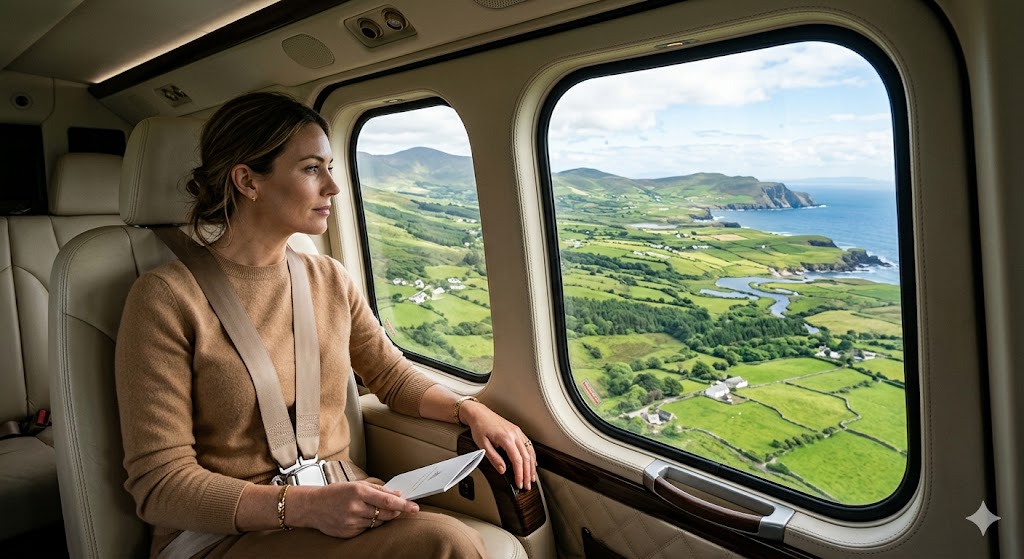 ireland a candid high-end shot of luxury traveler looking out a private helicopter window over a lush green landscape