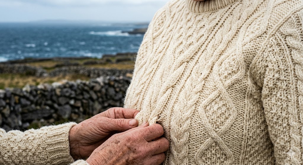 ireland close-up texture shot focusing on the hand-knit patterns of an authentic Aran sweater, with dry-stone walls and the ocean visible but blurred in the background