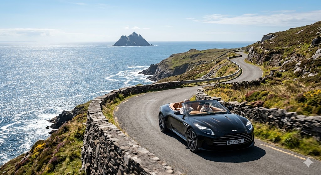 ireland luxury car driving along a winding, narrow coastal road on a sunny day, with the dramatic, jagged outlines of the Skellig Islands visible on the horizon.