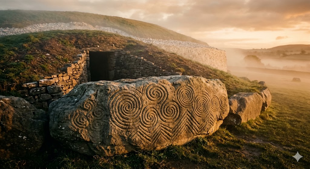 ireland mist-filled golden hour shot focusing on the intricate prehistoric spiral carvings on the entrance stone at Newgrange.