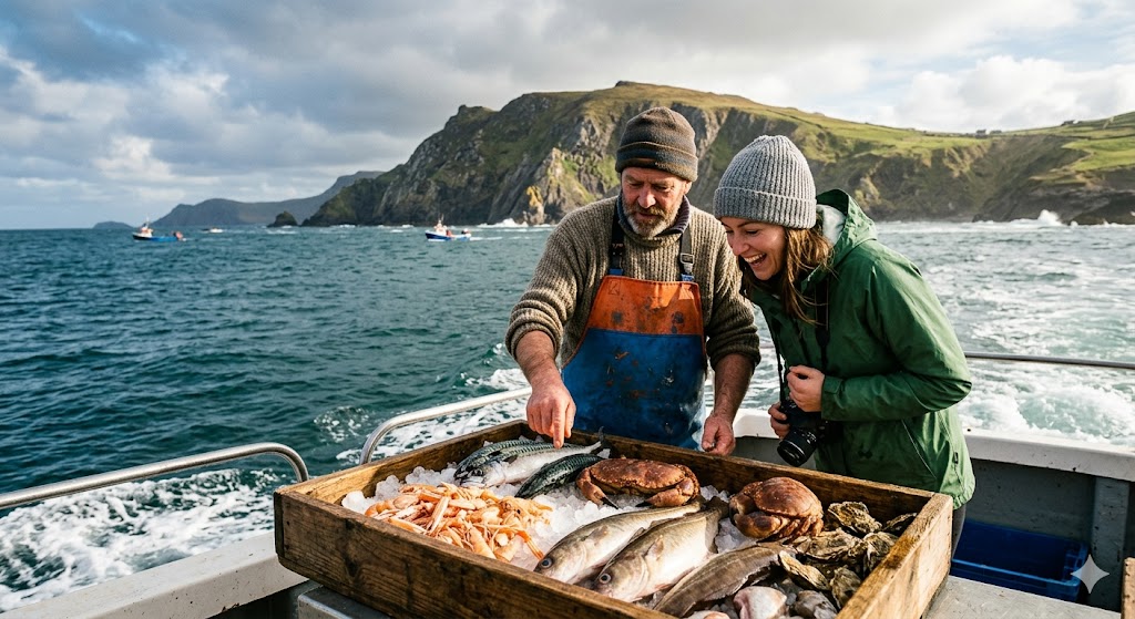 ireland shot of a local chef and a traveler on a boat, looking over fresh seafood with the dramatic Dingle coastline in the background.