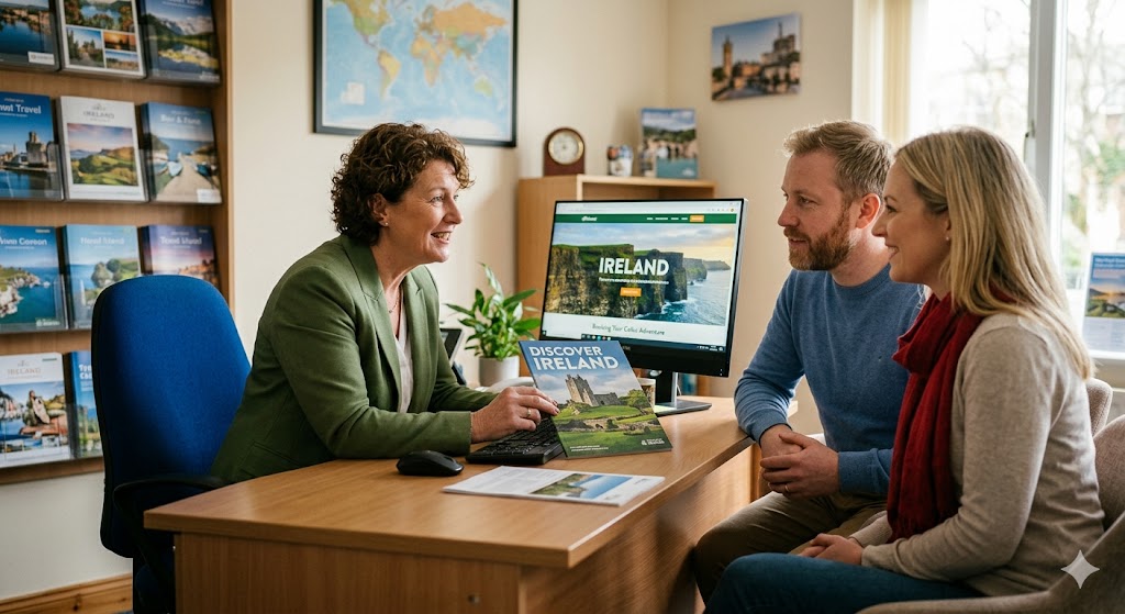 ireland travel agent speaking to a couple in here office about an ireland trip with ireland brochure on the desk and Ireland on her computer screen