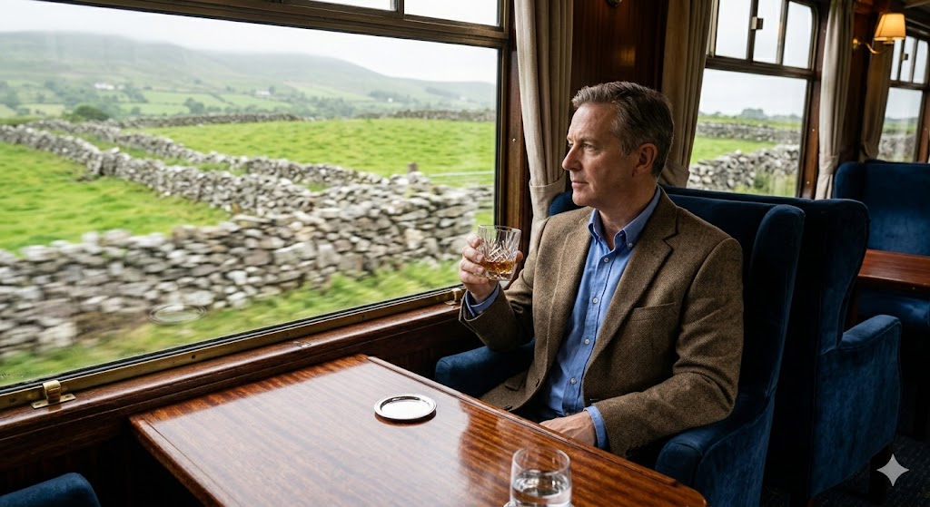 ireland traveler drinking whiskey looking out train window