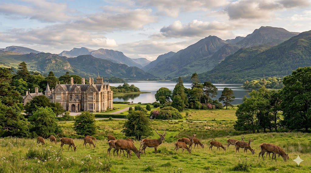 ireland wide shot capturing wild red deer grazing near the gothic architecture of Muckross House, with mountains rising in the background over the Lakes of Killarney.
