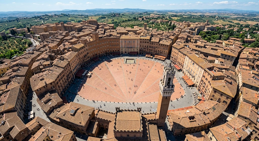 italy An aerial view of the scallop-shell-shaped red brick plaza in Siena, highlighting the unique nine-section division.