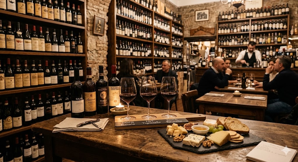 italy rome A cozy yet sophisticated photo inside a traditional Enoteca with shelves of vintage Italian wines lining the walls from floor to ceiling