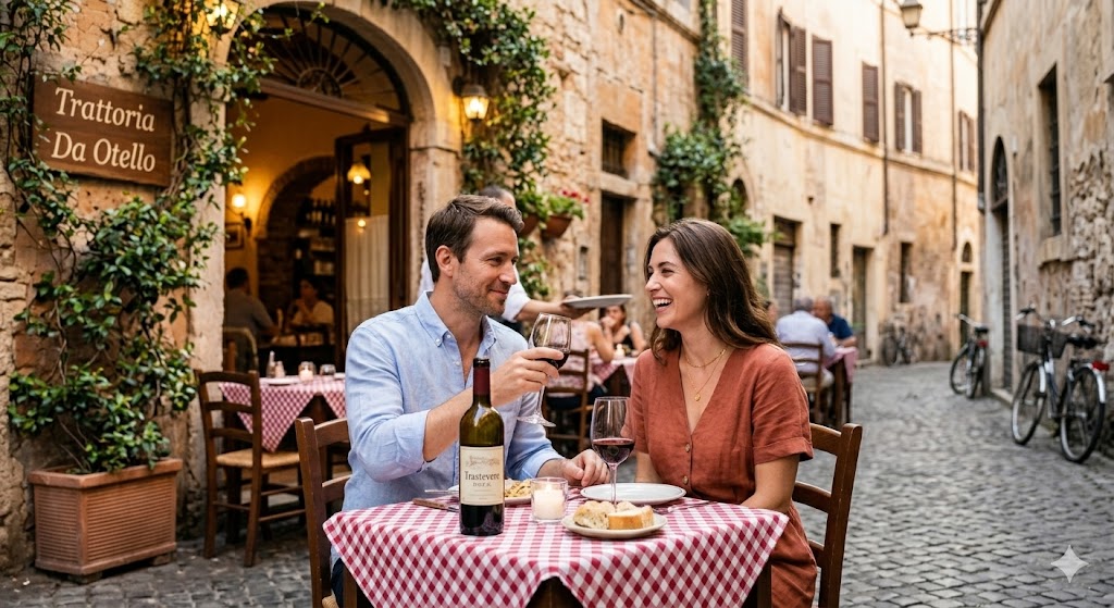 italy rome A sophisticated, candid photo of a couple enjoying a local vintage at a charming, authentic trattoria in a quiet Trastevere alley