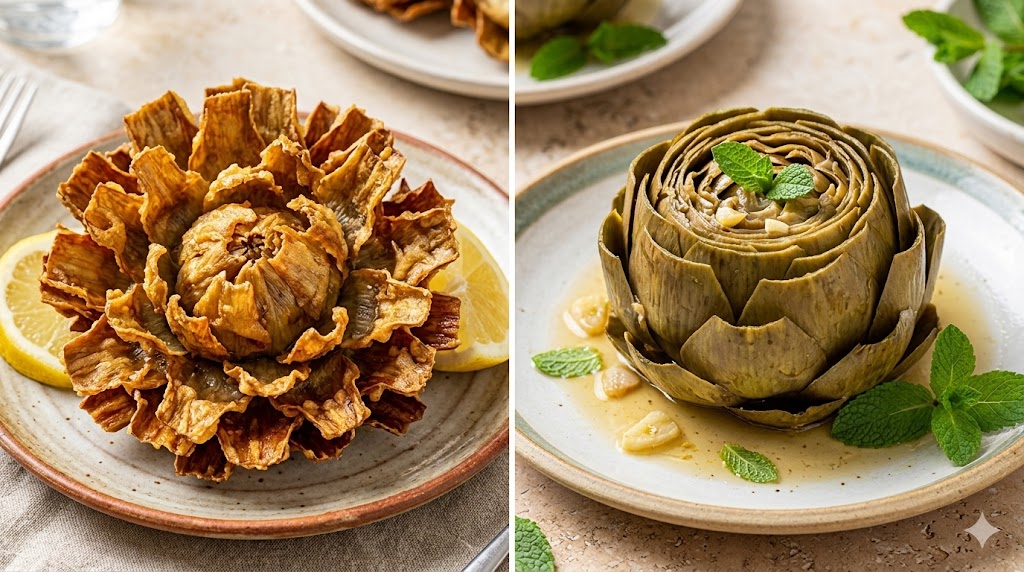 italy rome A vibrant split image golden Carciofi alla Giudia braised Carciofi alla Romana.