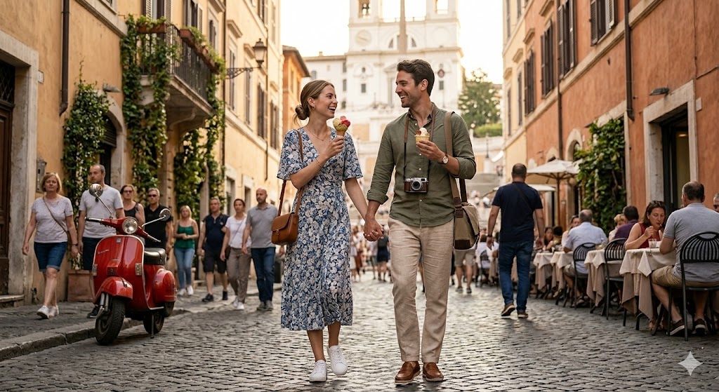 italy rome couple walking eating Gelato