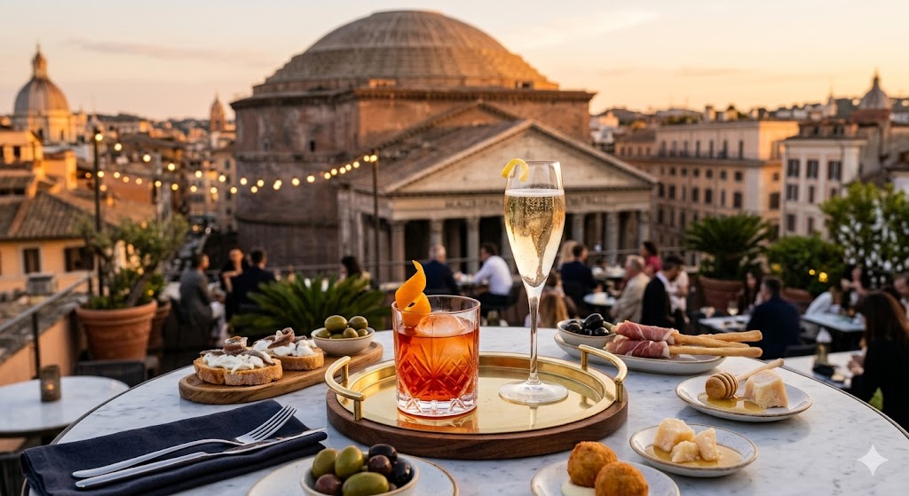 italy rome high eed photo of food and wine on table on rooftoop bar