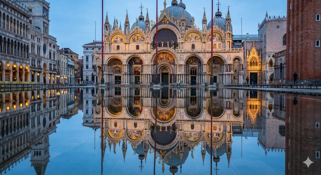 italy venice The flooded pavement of St. Mark’s Square creating a perfect mirror reflection of the Byzantine mosaics of the Basilica.
