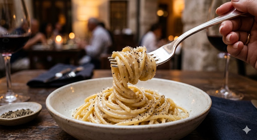 italy. rome A detailed, macro close-up of glossy, perfectly emulsified Cacio e Pepe being twirled onto a fork in an elegant setting.
