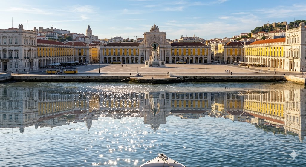 lisbon The bright yellow facades of Praça do Comércio reflecting the sparkling sunlight of the Tagus River.
