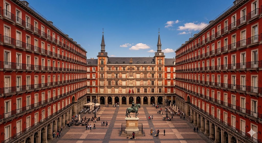 madrid The uniform red facades and 237 balconies of Plaza Mayor, centered on the historic Casa de la Panadería.