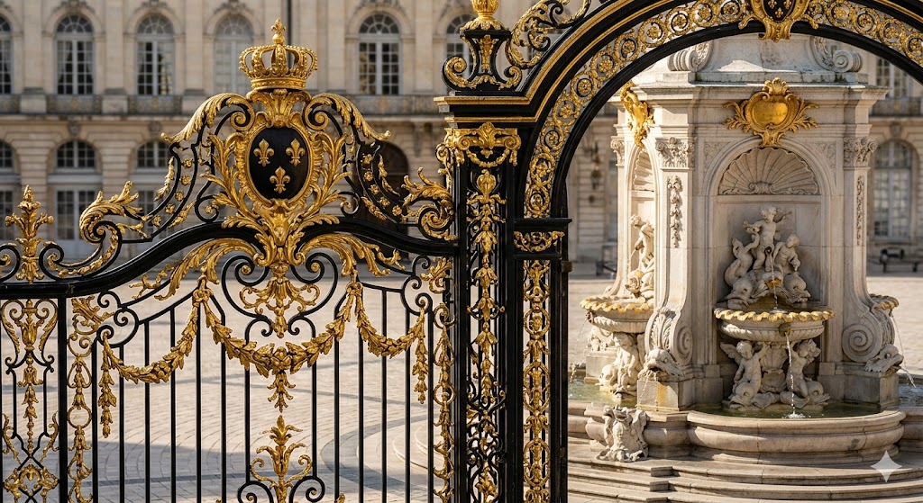nancy france A detailed close-up of the magnificent gilded wrought-iron gates and Rococo fountains in Nancy, France.